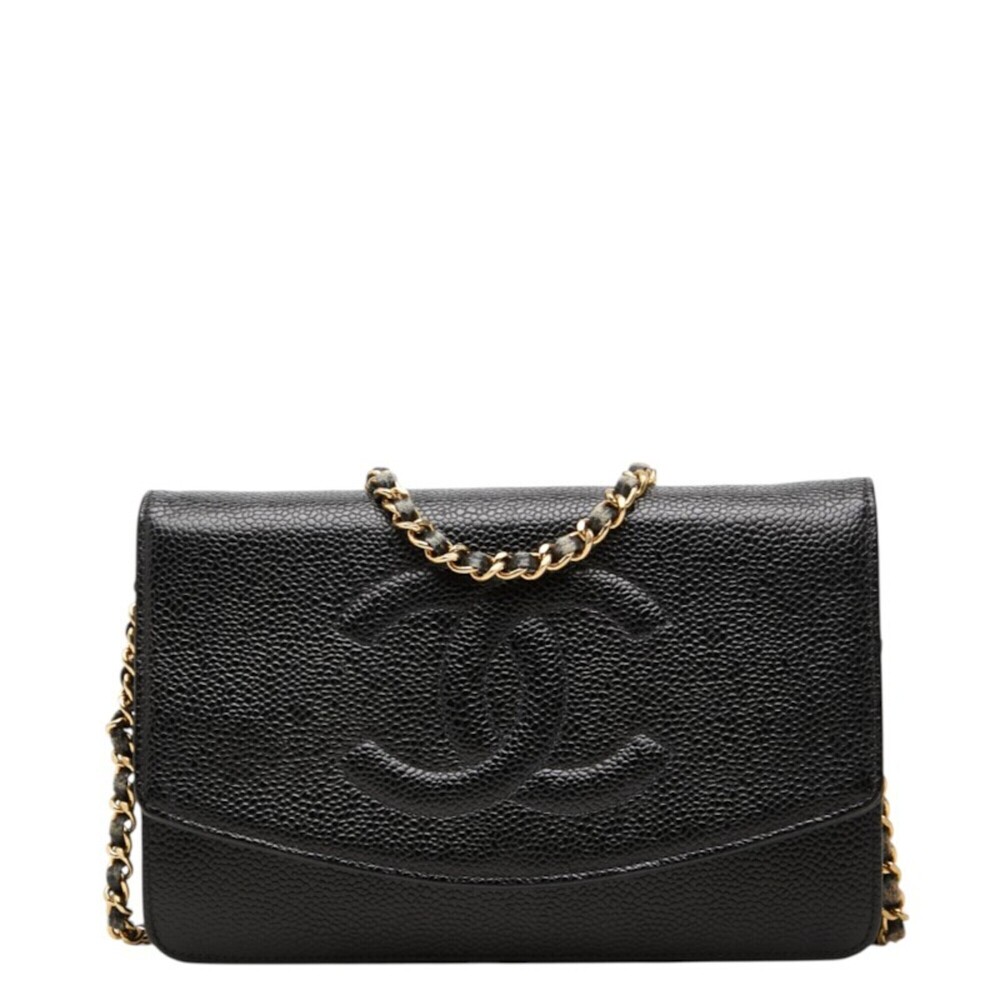 Chanel Coco Mark Crossbody Wallet Chain Shoulder Bag Black Caviar Leather Wom...